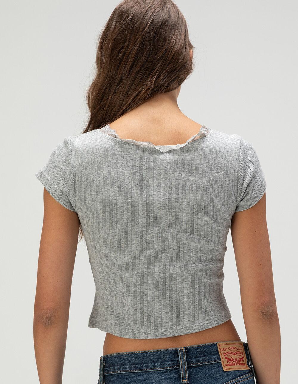 RSQ Womens V-Neck Lace Trim Top - HEATHER GRAY Product Image