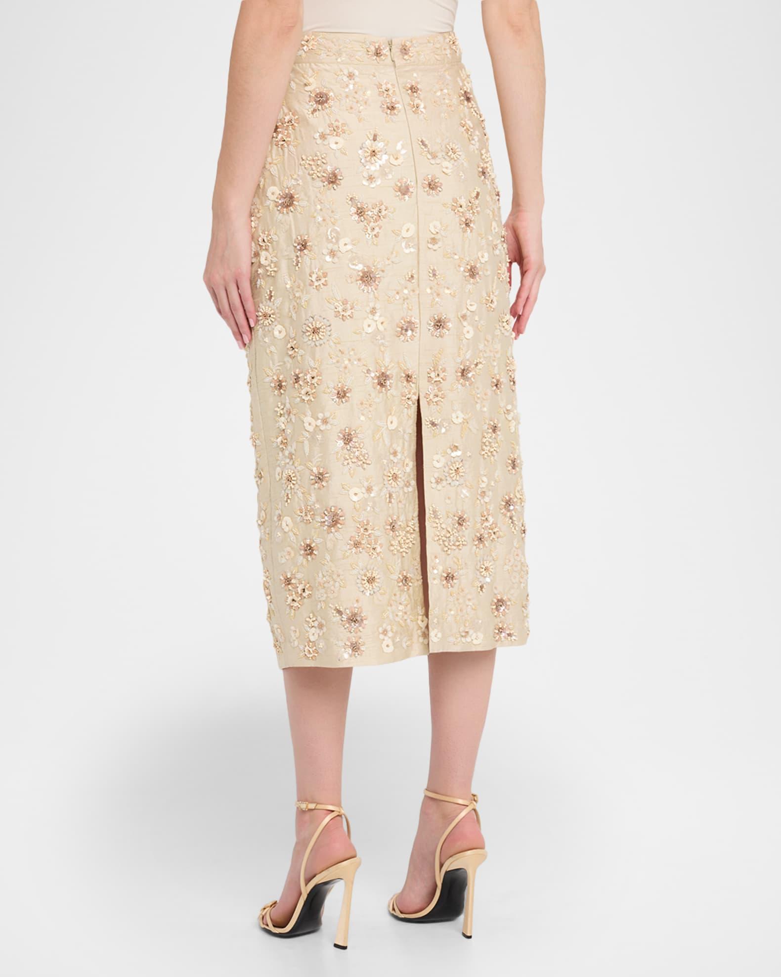 Floral Embroidered Silk Midi Skirt Product Image