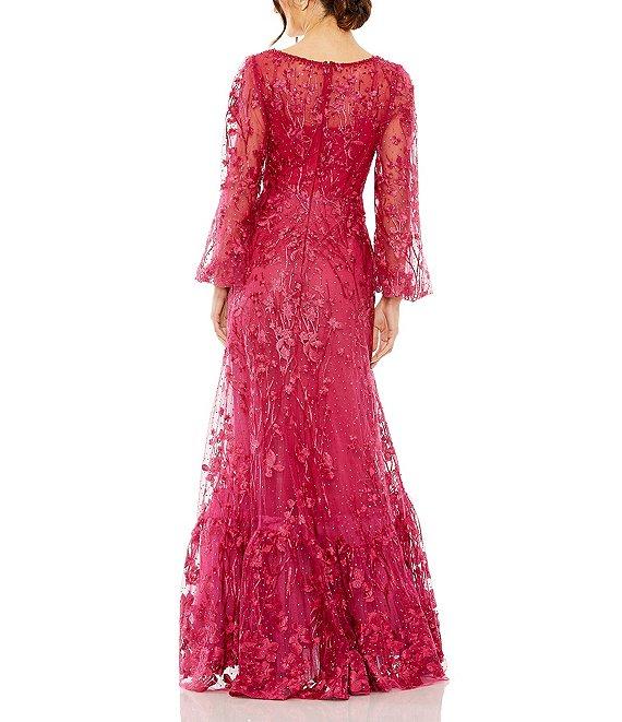 Mac Duggal Embroidered Lace V-Neck Long Balloon Sleeve Tiered A-Line Gown Product Image