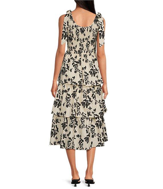 Skies Are Blue Floral Print Scoop Neck Ribbon Tie Tiered Poplin Midi Dress Product Image