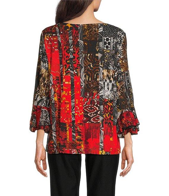 Ali Miles Paisley Animal Floral Print Round Neck 3/4 Ruffle Sleeve Tunic Product Image