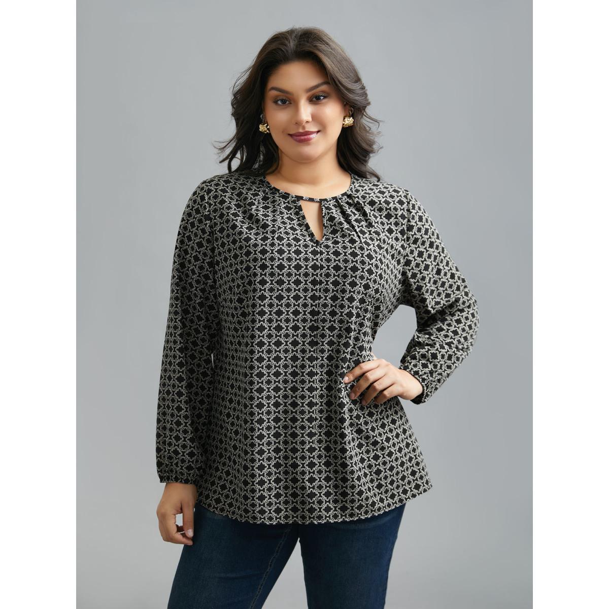 Plus Size Black Geometric Print Plicated Detail Keyhole Blouse Women Elegant Extra Long Sleeve Round Neck Everyday Blouses BloomChic 18-20/2X Product Image