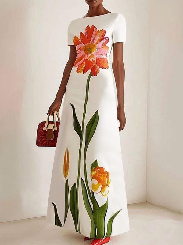 Short Sleeves Flower Print Boat Neck Maxi Dresses Product Image