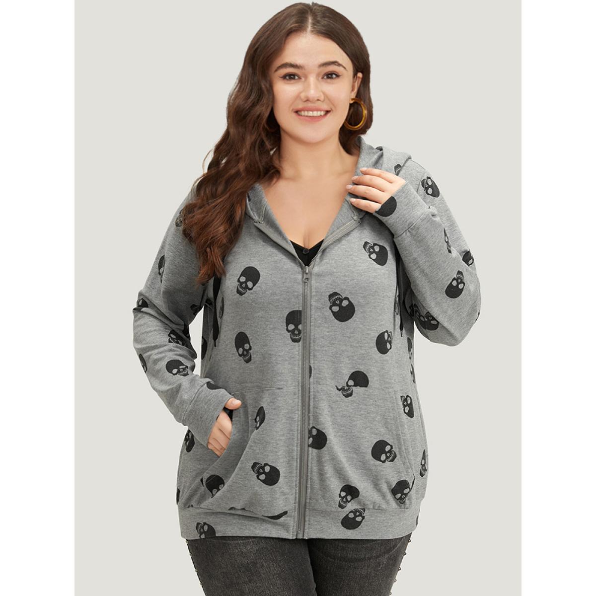 Plus Size Halloween Skull Print Pocket Zipper Hooded Sweatshirt Women Gray Casual Elastic cuffs Hooded Festival-Halloween Sweatshirts BloomChic 26/4X Product Image