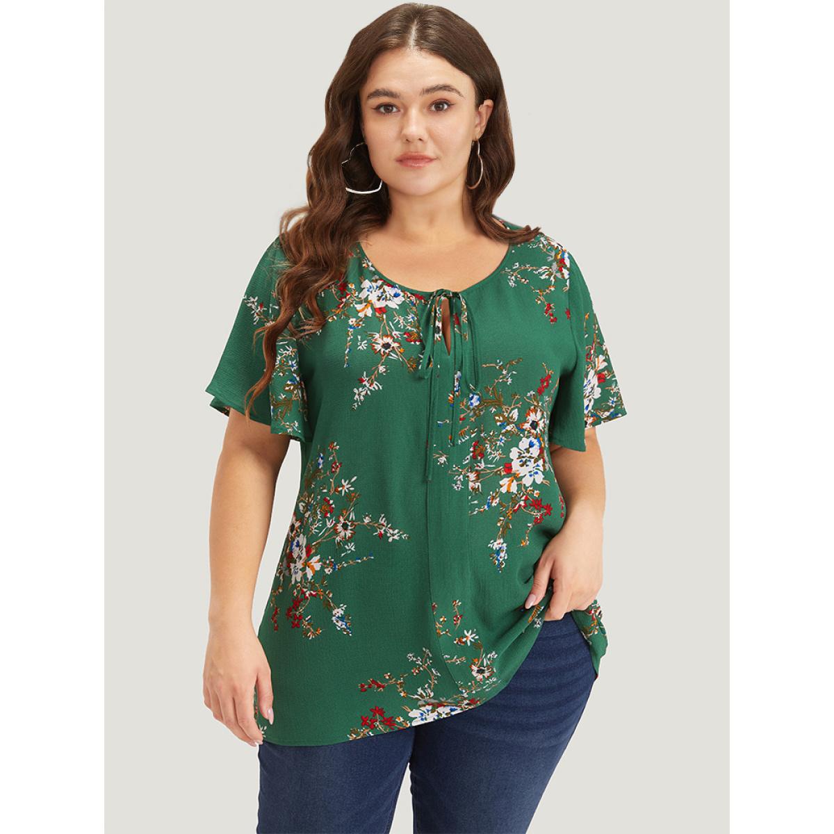 Plus Size Green Floral Print Knot Neck Blouse Women Elegant Short sleeve Tie Neck Dailywear Blouses BloomChic 22-24/3X Product Image