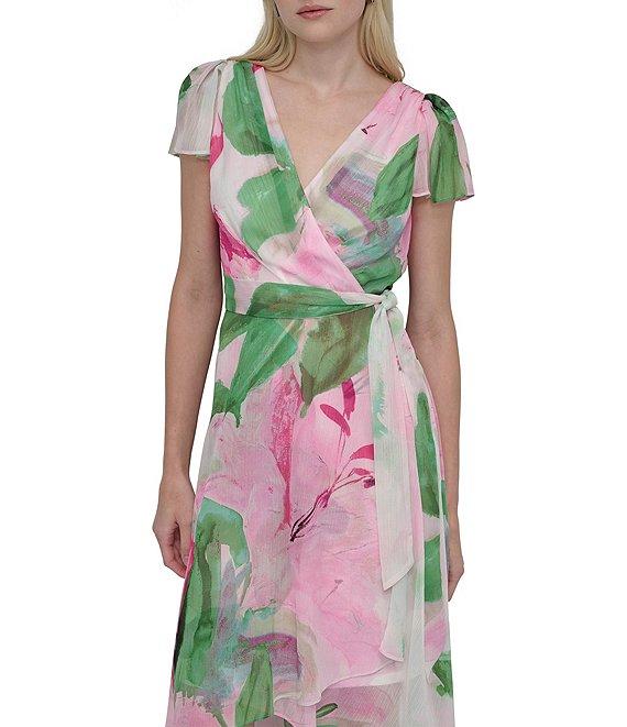 DKNY By Donna Karan Woven Floral Print V Neck Short Flutter Sleeve Wrap Dress Product Image