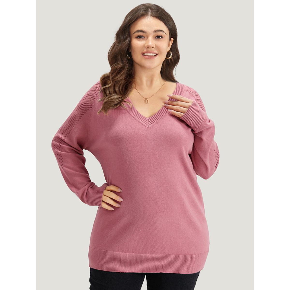 Plus Size Supersoft Essentials Solid Cut Out Patchwork Pullover DustyPink Women Casual Loose Long Sleeve V-neck Dailywear Pullovers BloomChic 26/4X Product Image