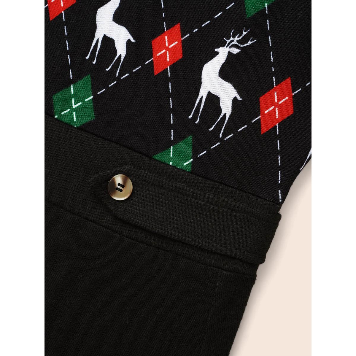 Plus Size Reindeer Printed Fit-and-Flare Midi Dress Black Women Casual Patchwork Party Curvy Bloomchic 18-20/2X Product Image