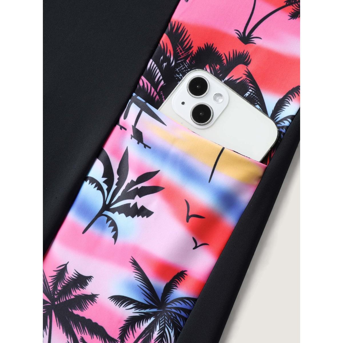 Plus Size Tropical Contrast Print Pockets Swim Bottoms Women's Swimwear Black Beach Contrast High stretch Skinny High Rise Side seam pocket Curve Swim Bottoms BloomChic 12/L Product Image