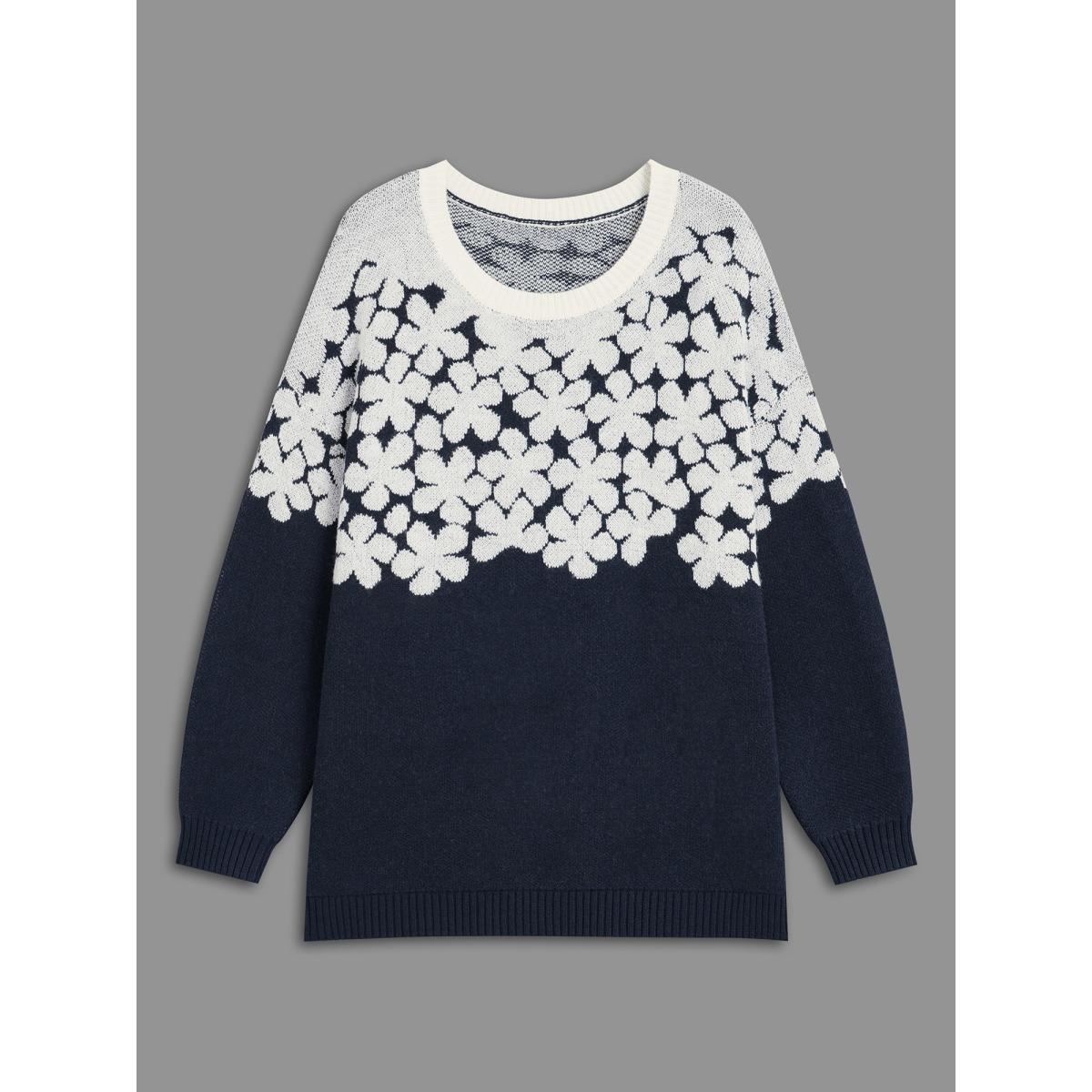 Plus Size Floral Contrast Patchwork Drop Shoulder Pullover Indigo Women Casual Loose Long Sleeve Round Neck Everyday Pullovers BloomChic 22-24/3X Product Image