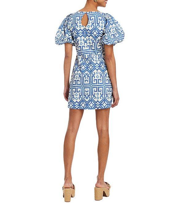 Mestiza New York Faye Watercolor Print Boat Neck Short Puff Sleeve Mini Dress Product Image