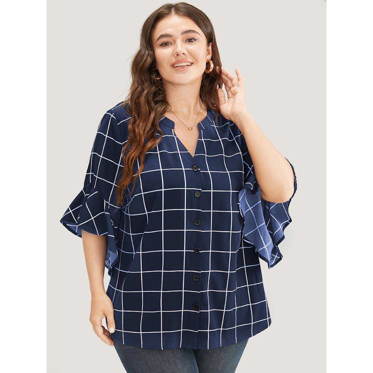 Plus Size Blue Plaid Notched Button Up Ruffle Sleeve Split Hem Blouse Women Office Elbow-length sleeve Notched collar Office Blouses BloomChic 10/M Product Image