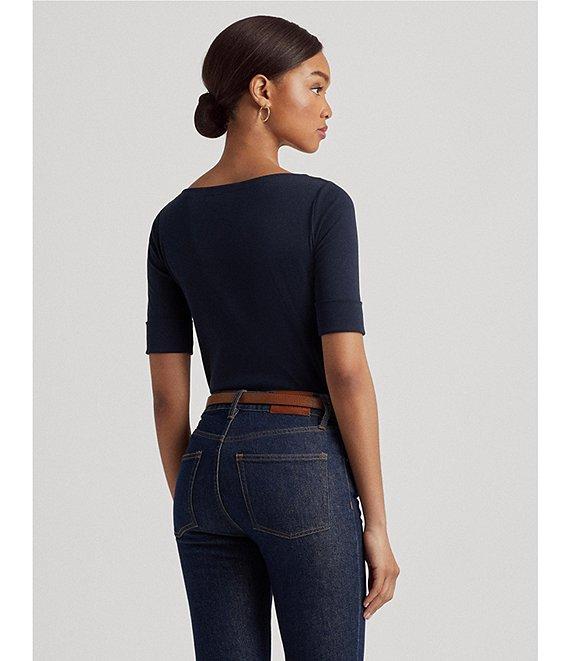 Lauren Ralph Lauren Stretch Cotton Blend Boat Neck Short Rolled Sleeve Shirt Product Image