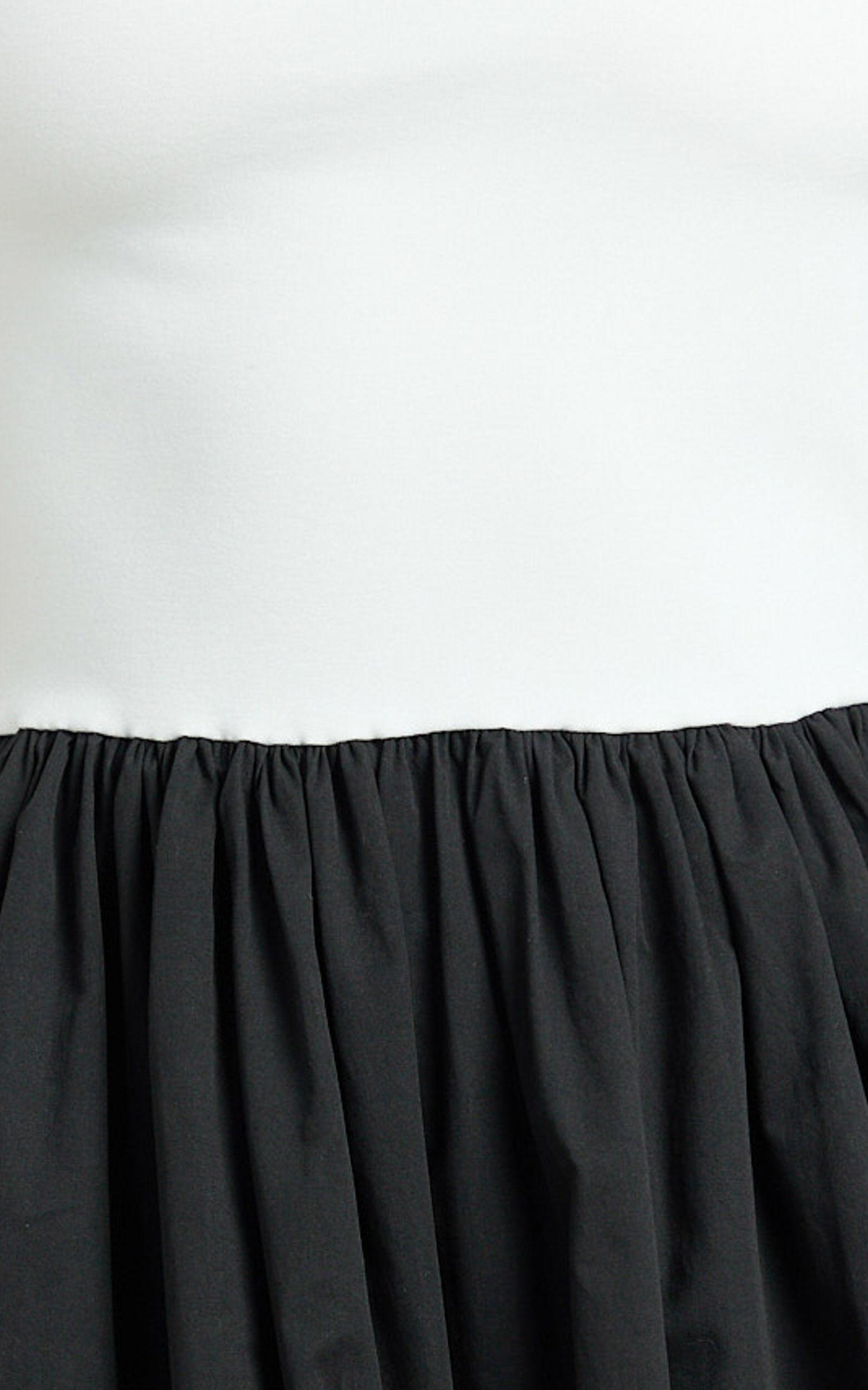 Jhamie Midi Dress - One Shoulder Contrast Skirt Dress in White/Black Product Image