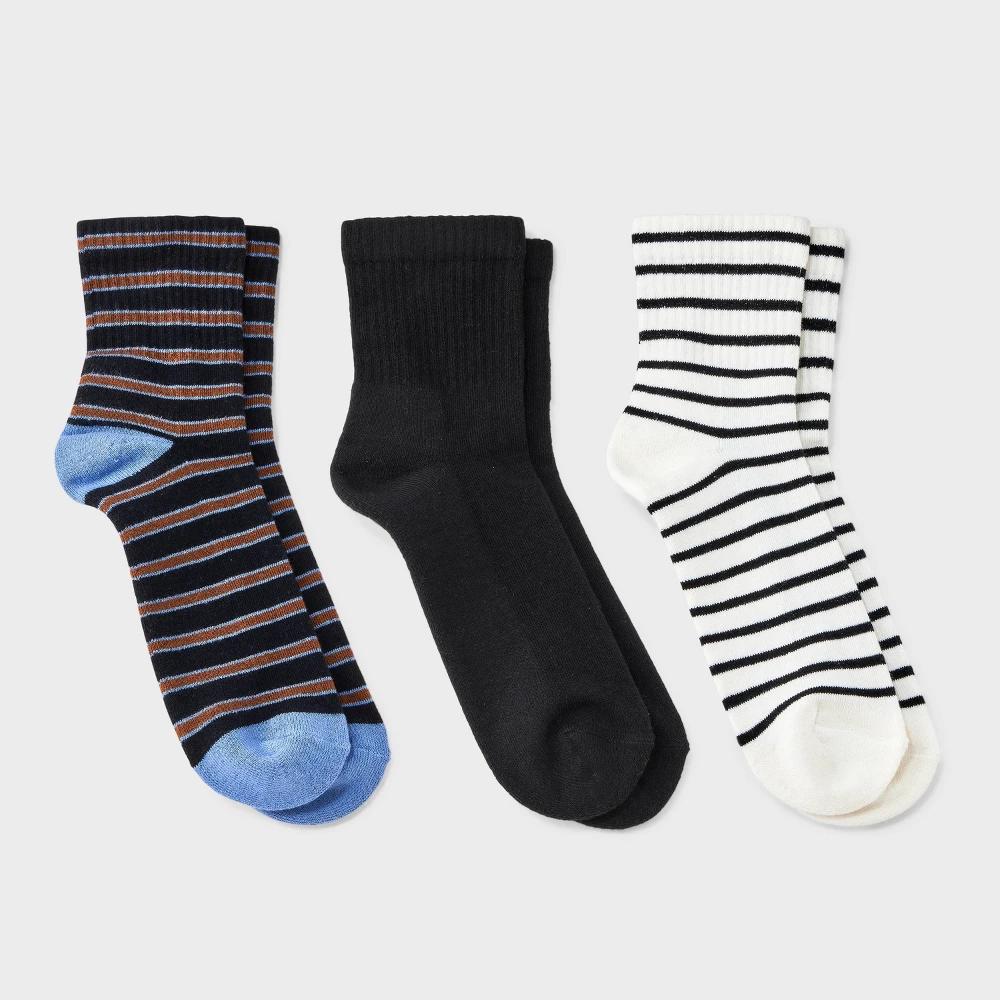 Women's Cushioned Striped/Solid 3pk Mid Crew Socks - Universal Thread™ Black/White/Blue 4-10: Cotton Blend, Cushioned Sole, Smooth Toe Seams Product Image