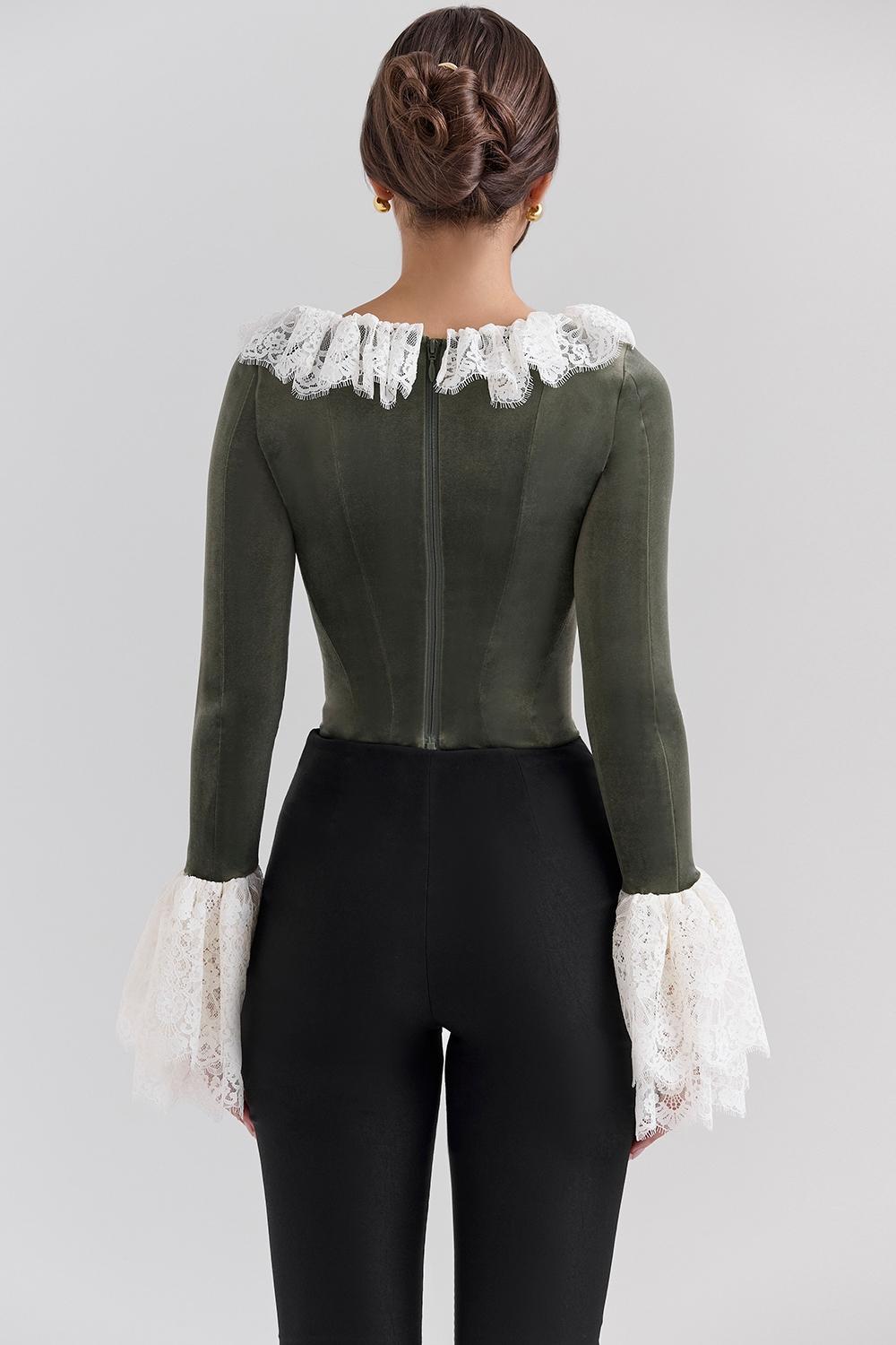 Jacinda  forest green velvet lace trimmed corset top - sale Product Image
