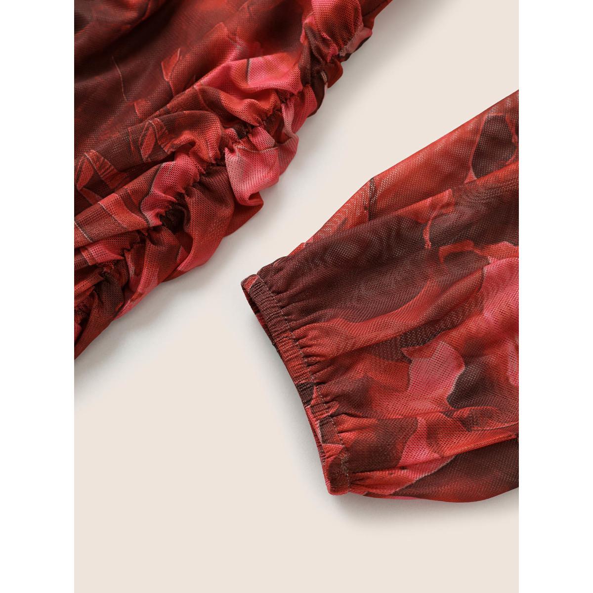 Plus Size Floral Print Pocket Ruched Hem Dress Raspberry Women Elegant Gathered V-neck Long Sleeve Curvy Midi Dress BloomChic 22-24/3X Product Image