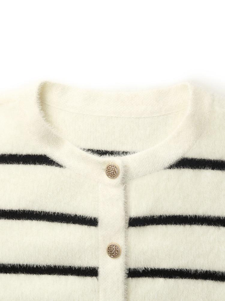 Eco-Friendly Mink Knitted Striped Women Cardigan Product Image