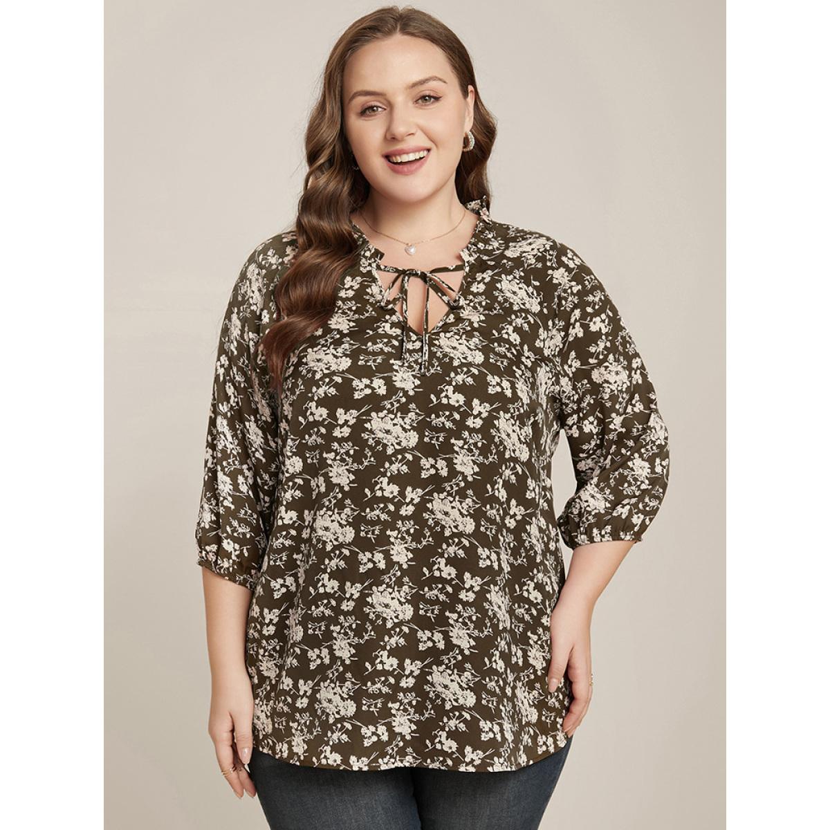 Plus Size DarkBrown Floral Print Lantern Sleeve Tie V Neck Blouse Women Elegant Elbow-length sleeve V-neck Dailywear Blouses BloomChic 14-16/1X Product Image