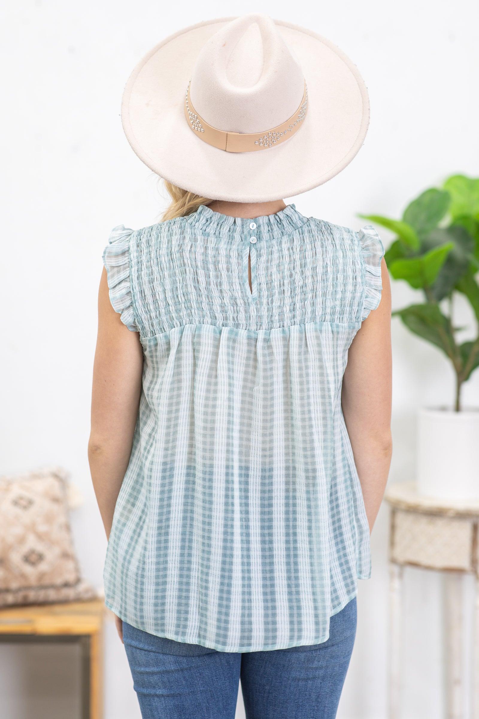 Light Dusty Teal Plaid Smocked Woven Top Product Image