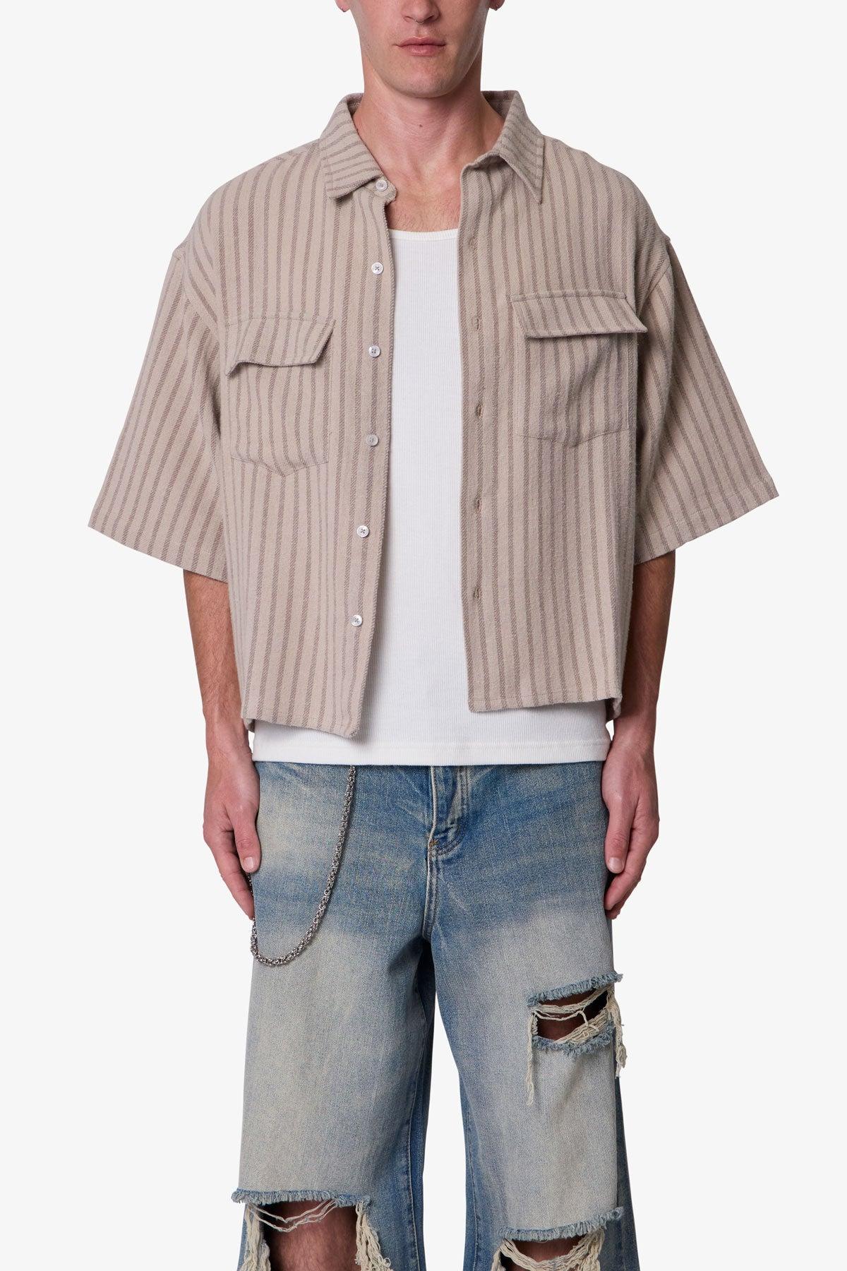 Cropped Boxy Striped S/S Shirt - Khaki Product Image