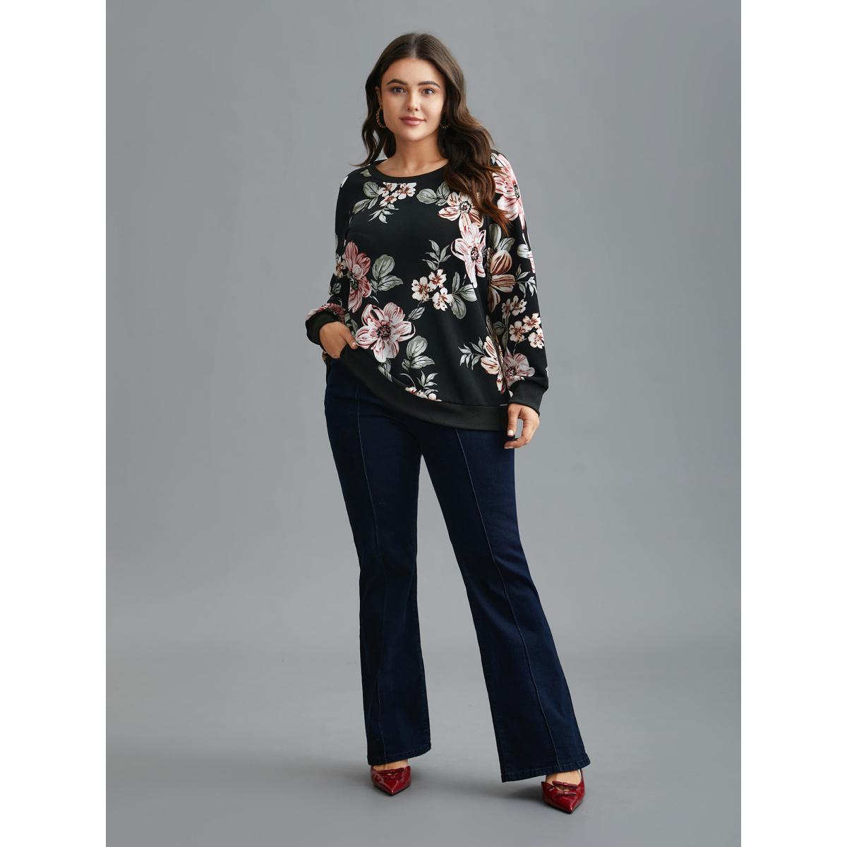 Plus Size Big Flowers Crew Neck Elastic Sweatshirt Women Black Elegant Contrast Round Neck Everyday Sweatshirts BloomChic 10/M Product Image