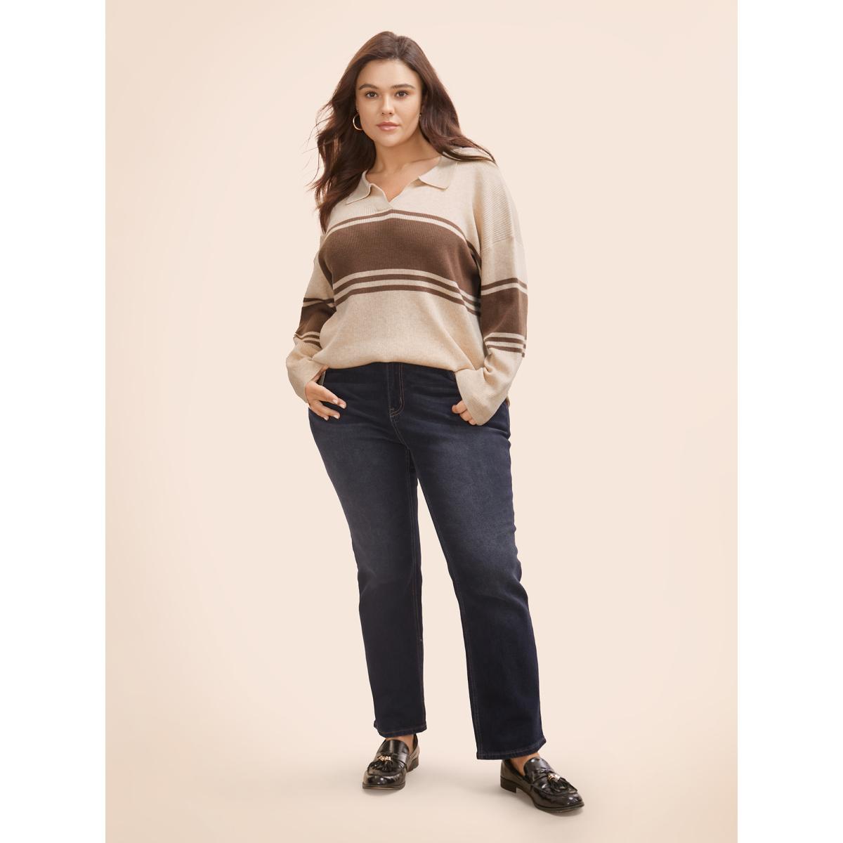 Plus Size Colorblock Contrast Striped Polo Neck Pullover Beige Women Casual Long Sleeve Polo Everyday Pullovers BloomChic 14-16/1X Product Image