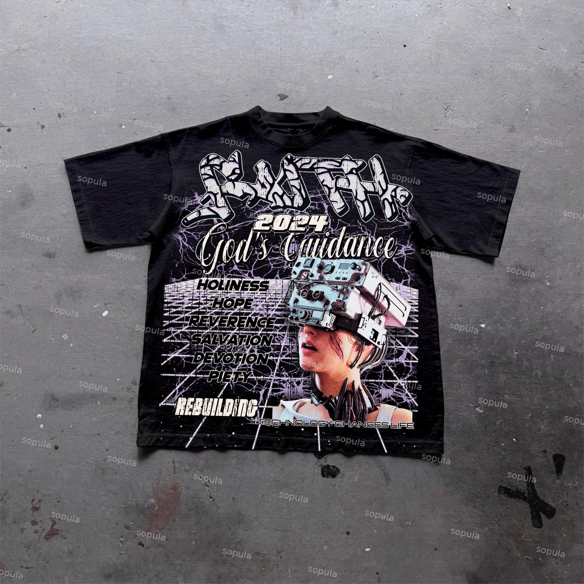 Sopula 2024 New Faith & Neural Network Old Graphic Cotton T-Shirt Product Image