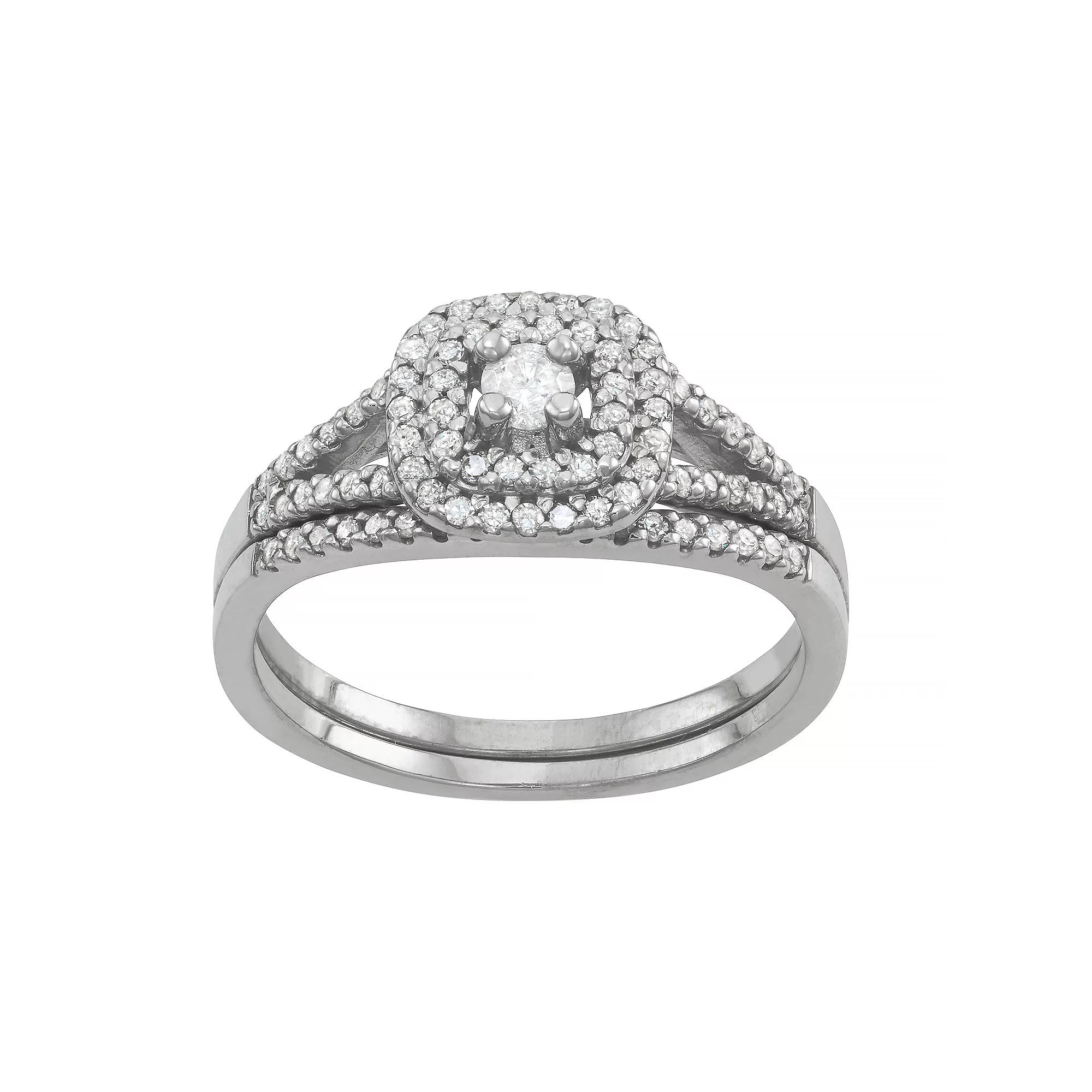 Tiara Sterling Silver 1/2 Carat T.W. Diamond Halo Engagement Ring Set, Women's, Size: 8 Product Image
