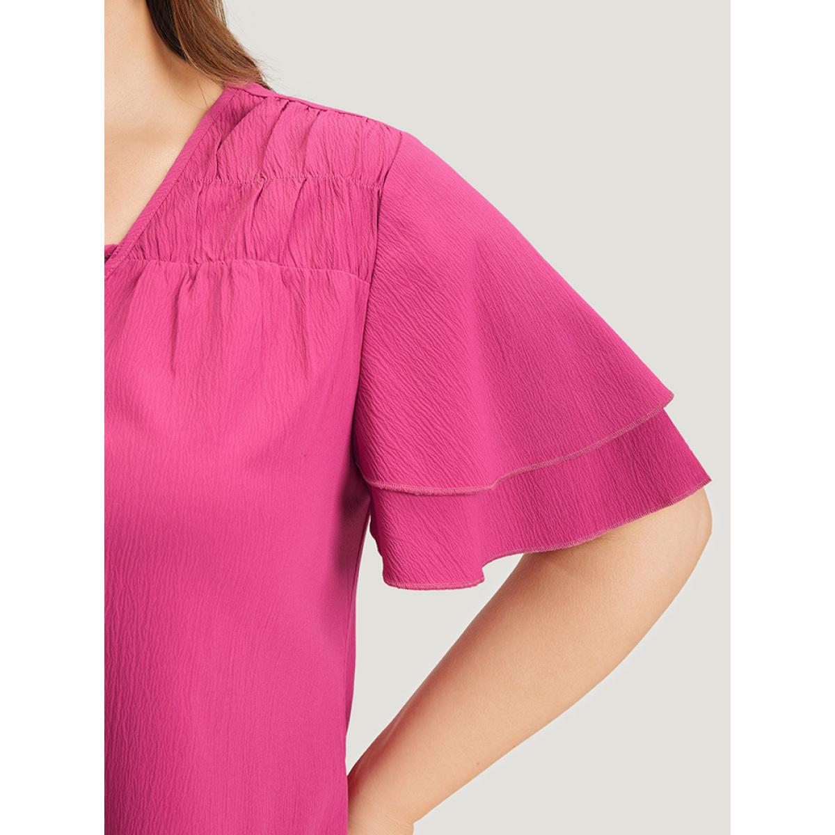 Plus Size RedViolet Solid Tie Neck Shirred Flutter Layered Sleeve Blouse Women Elegant Short sleeve Tie Neck Dailywear Blouses BloomChic 30/6X Product Image