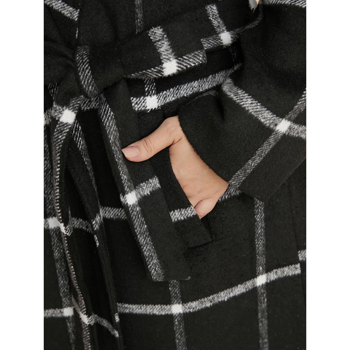 Plus Size Plaid Lapel Collar Pocket Belted Open Front Coat Women Black Elegant Ladies Dailywear Winter Coats BloomChic 30/6X Product Image