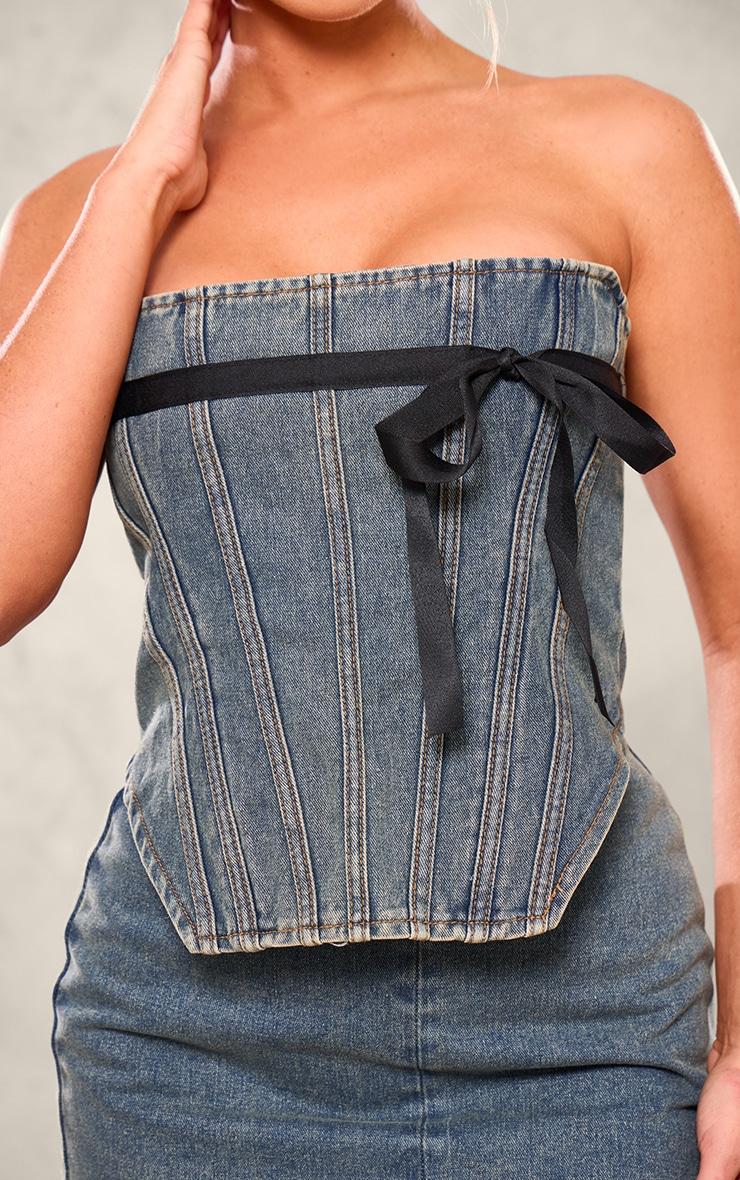  Vintage Mid Wash Contrast Bow Detail Denim Corset Top Product Image
