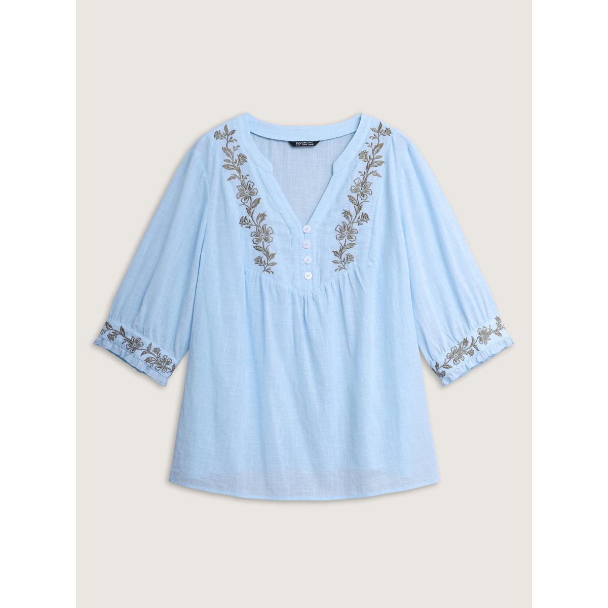 Plus Size LightBlue Cotton Floral Embroidered Notched Collar Frill Trim Blouse Women Leisure Elbow-length sleeve Stand-up collar Casual Blouses BloomChic 14-16/1X Product Image