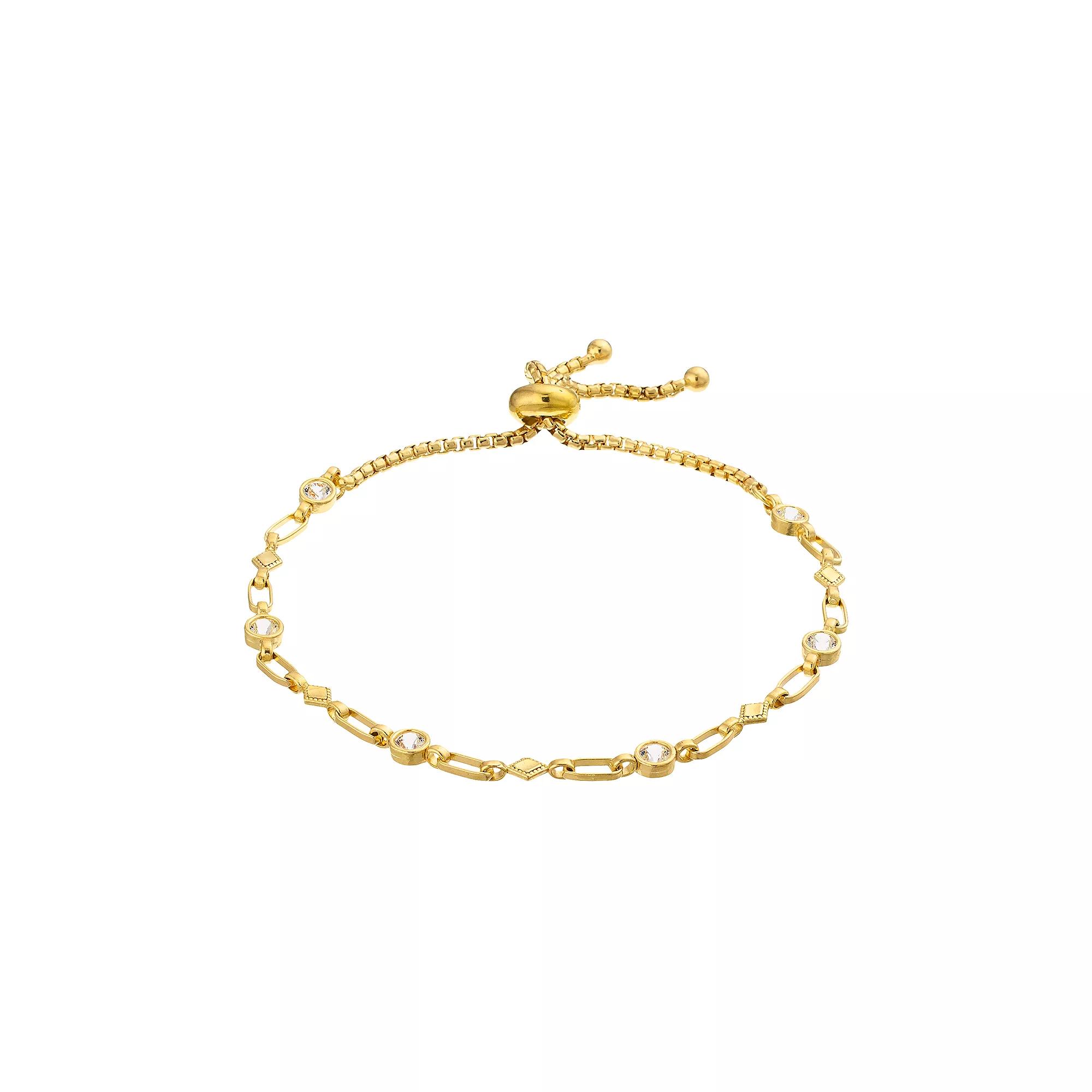 Kristen Kesho Sterling Silver Lab-Created White Sapphire & Kite Link Adjustable Bolo Bracelet, Women's, Size: 9.50, Gold Tone Product Image