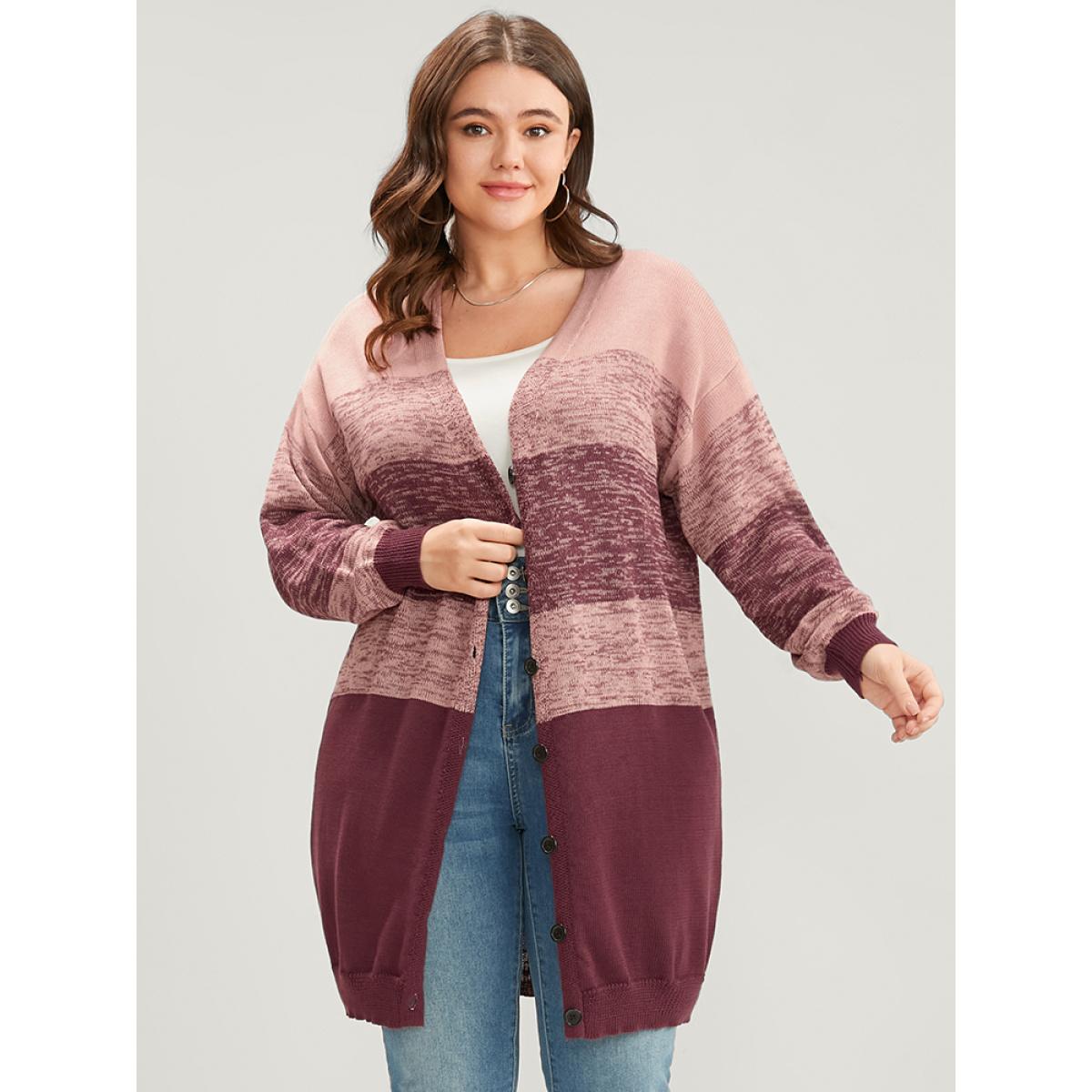 Plus Size Colorblock Contrast Pointelle Knit Button Front Heather Cardigan RedViolet Women Casual Loose Long Sleeve Dailywear Cardigans BloomChic 28/5X Product Image