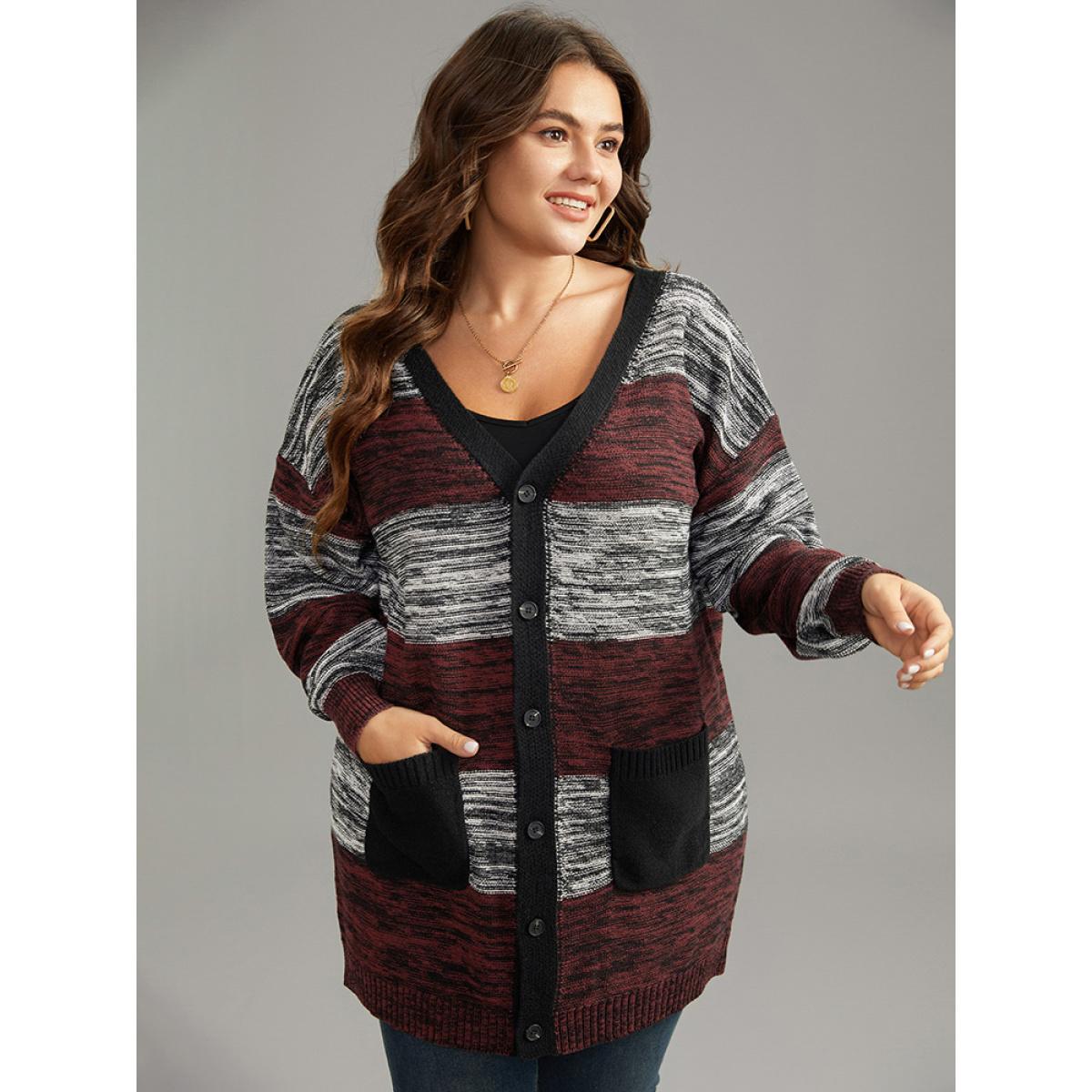 Plus Size Heather Colorblock Contrast Pocket Button Through Cardigan Burgundy Women Casual Loose Long Sleeve Everyday Cardigans BloomChic 14-16/1X Product Image