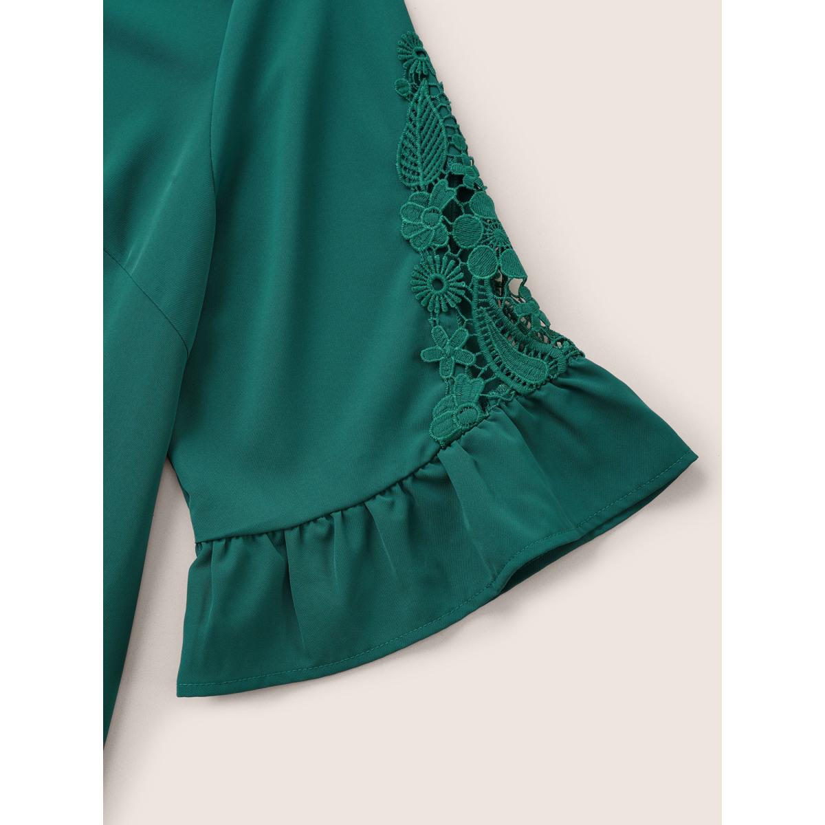 Plus Size Emerald Solid Guipure Lace Patchwork Ruffles Blouse Women Elegant Elbow-length sleeve V-neck Everyday Blouses BloomChic 18-20/2X Product Image