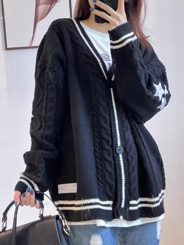 Oversize Star Embroidered Cable Knit Cardigan Product Image