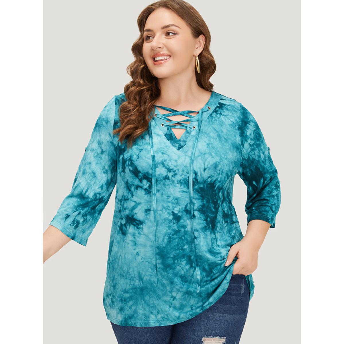 Plus Size Tie Dye Roll Sleeve Lace Up T-shirt Cerulean Women Casual Tie Dye V-neck Dailywear T-shirts BloomChic 18-20/2X Product Image