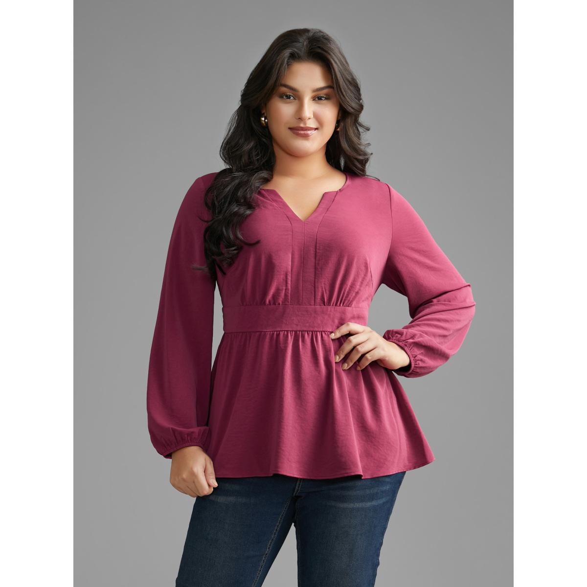 Plus Size RedViolet Notched Collar Gathered Lantern Sleeve Blouse Women Elegant Long Sleeve Notched collar Everyday Blouses BloomChic 22-24/3X Product Image