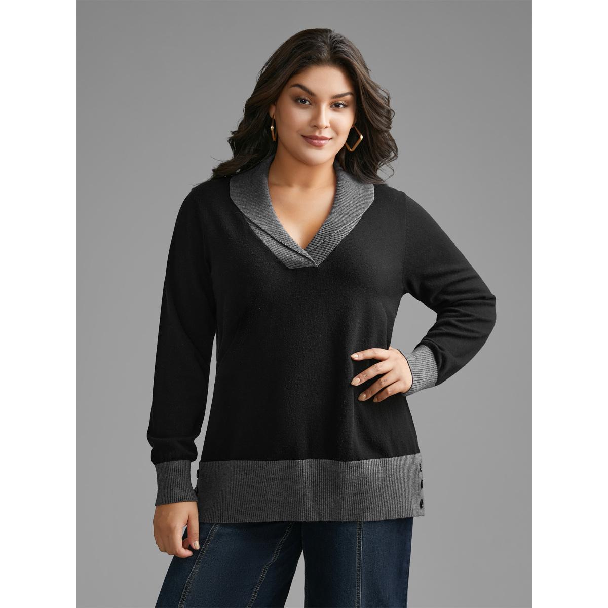 Plus Size Contrast Overlap Collar Button Detail Pullover Black Women Casual Loose Long Sleeve Overlap Collar Everyday Pullovers BloomChic 12/L Product Image