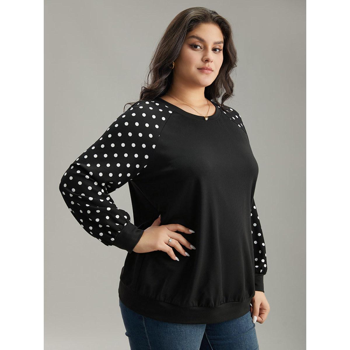Plus Size Polka Dot Patchwork Raglan Sleeve Sweatshirt Women Black Casual Elastic cuffs Round Neck Everyday Sweatshirts BloomChic 14-16/1X Product Image