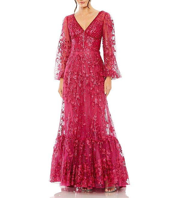 Mac Duggal Embroidered Lace V-Neck Long Balloon Sleeve Tiered A-Line Gown Product Image