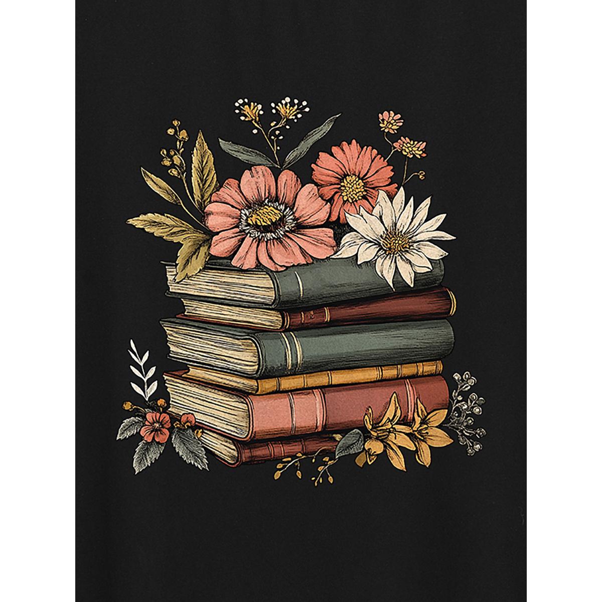 Plus Size Bookish Florals Print Round Neck T-Shirt Black Women Leisure Non Natural Flowers Round Neck Casual T-shirts BloomChic 12/L Product Image