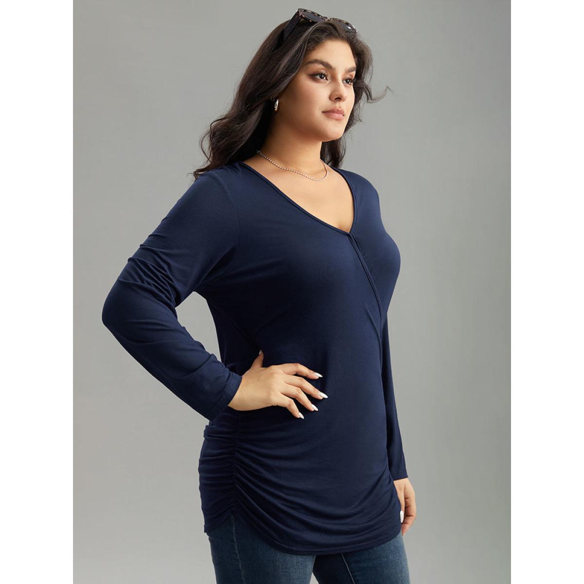 Plus Size Supersoft Essentials Plain Wrap Gathered T-shirt Indigo Women Elegant Gathered Plain V-neck Dailywear T-shirts BloomChic 26/4X Product Image