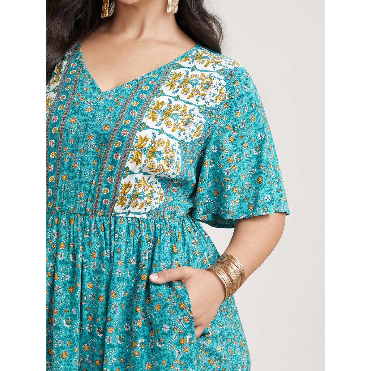 Plus Size Boho Floral Print V-Neck Maxi Dress Cerulean Women Resort Non V-neck Half Sleeve Curvy BloomChic 22-24/3X Product Image