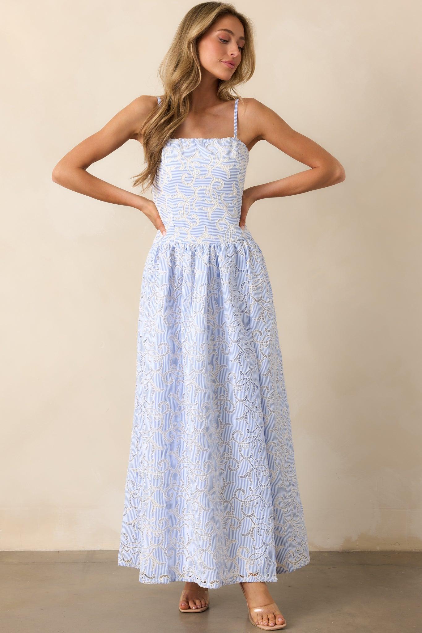 The Space Between Blue Stripe Embroidered Eyelet Maxi Dress Product Image