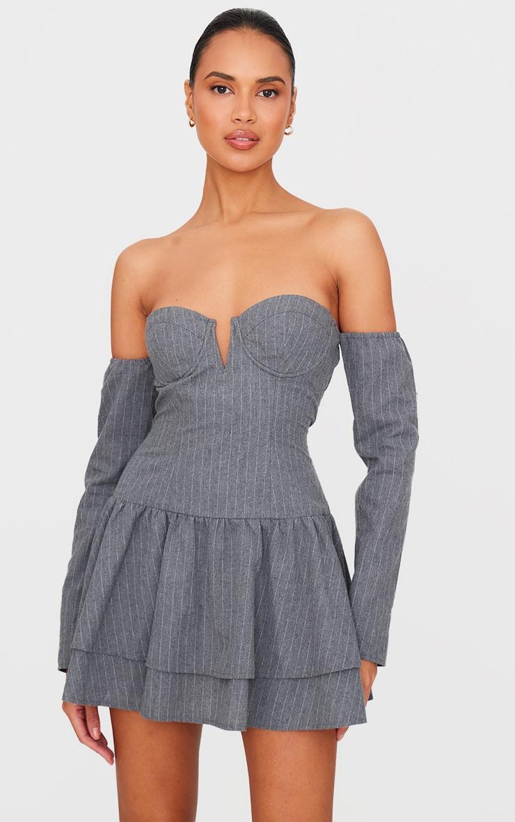 Light Grey Pinstripe Cup Detail Bardot Shift Dress Product Image