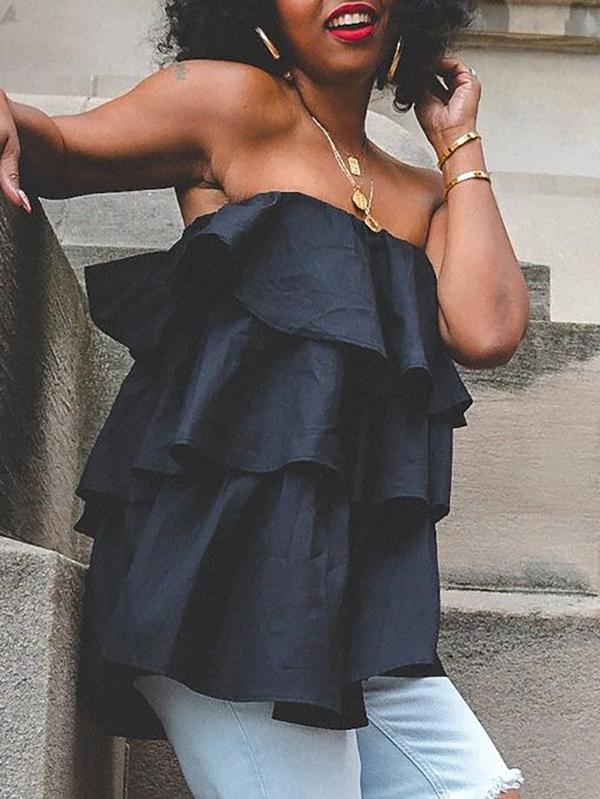 A-Line Loose Elasticity Layered Ruffled Solid Color Tube Vest Top Product Image