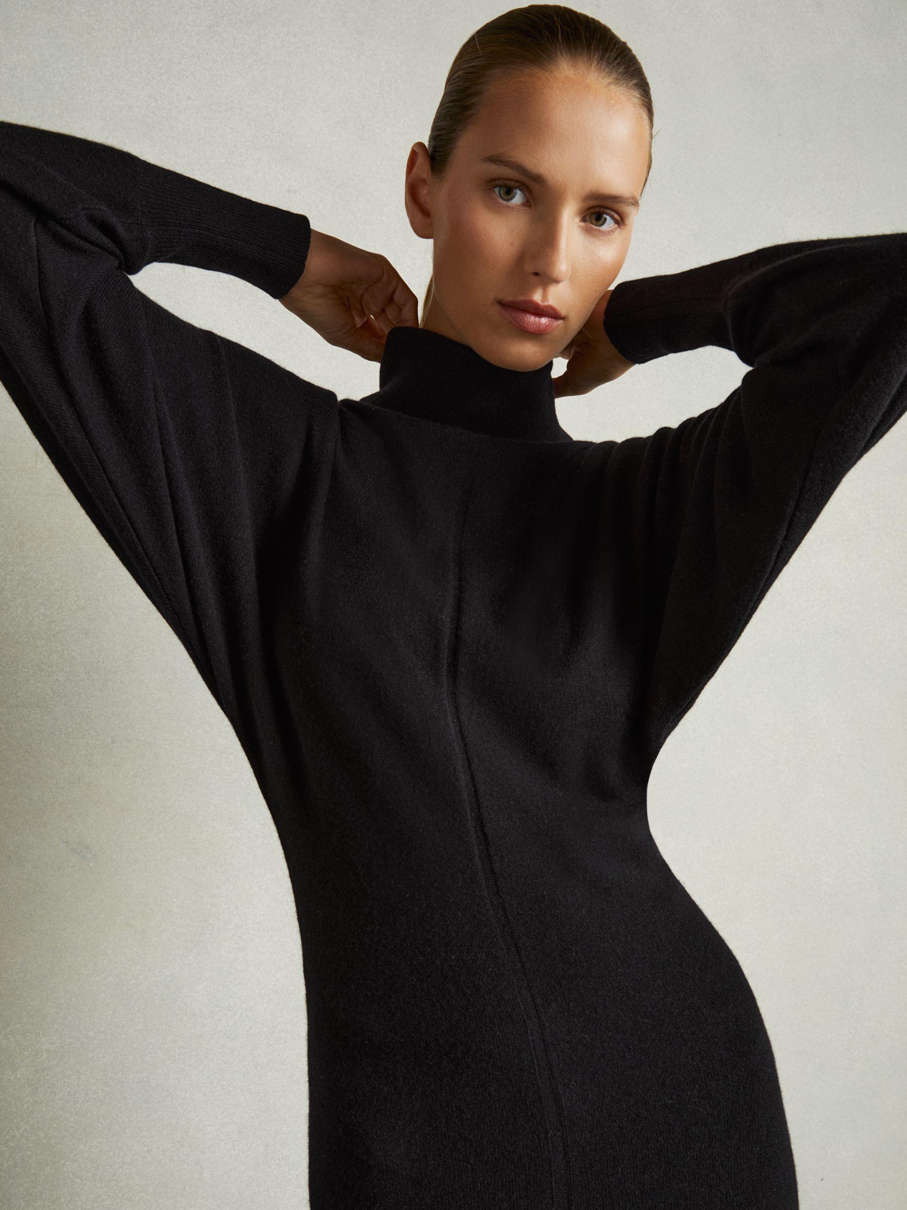 Roll-Neck Knitted Midi Dress With Cashmere in Black Product Image